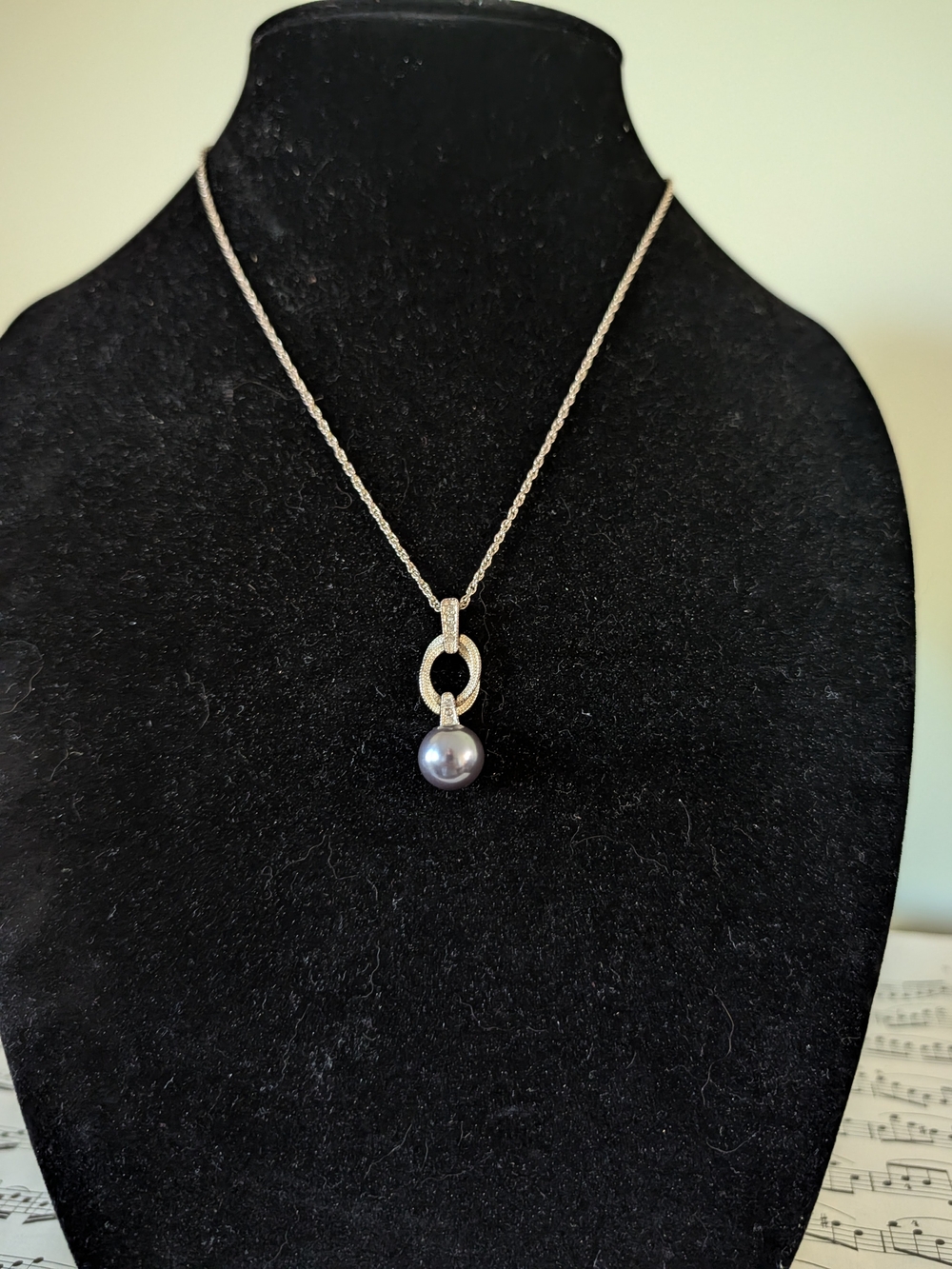 Silvertone Pearl Pendant Necklace - Gray Pearl Accent
